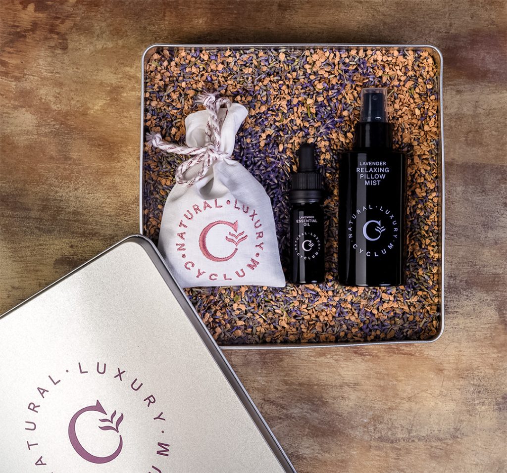 Box with selection of three luxurious products made of natural lavender.
